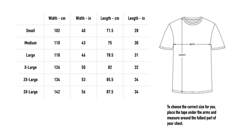 Size chart for Shy FX & KINGH ‘100’ White Tee